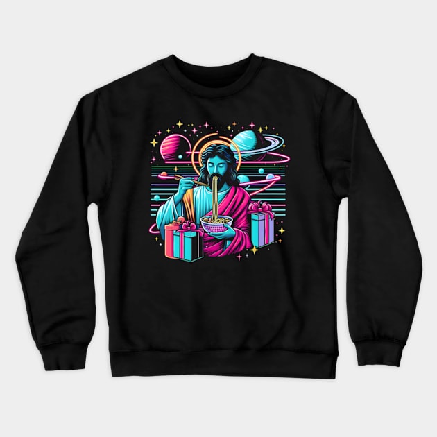 RAMEN JESUS PLANETS UNIVERSE RETRO 80'S NEON VIBE Crewneck Sweatshirt by athirdcreatives